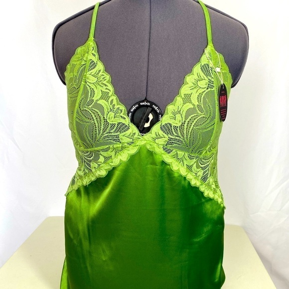 Green Satin & Lace Sexy Mini Baby Doll Nightie Set - Picture 1 of 14